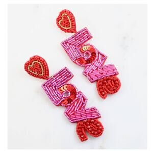 Allie Beads LOVE Beaded Heart Drop Earrings Red Pink NWT